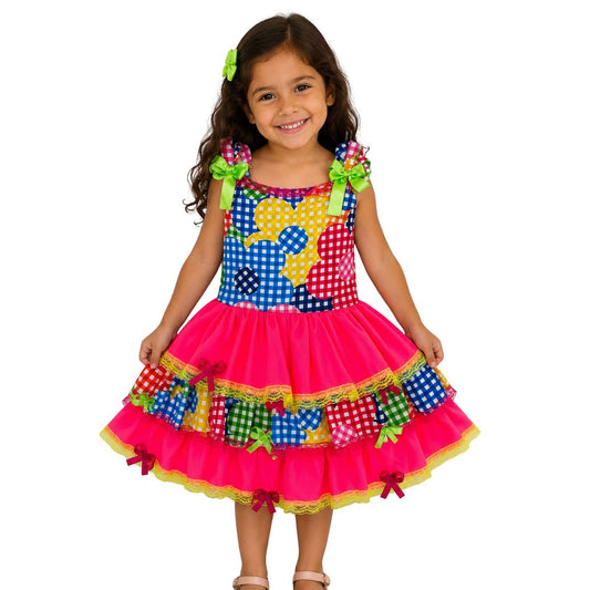 Vestido Festa Junina Luxo Colorido Alça
