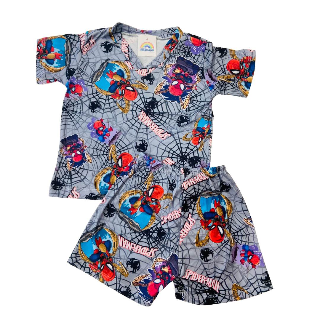 Pijama Infantil Manga Curta Homem-Aranha Cinza
