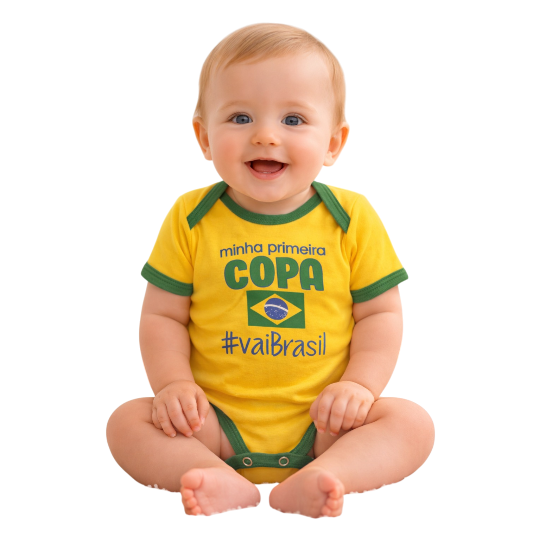 Body Bebê Minha 1ª Copa Amarelo Vai Brasil